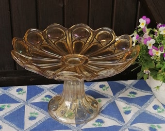 Vintage Franse taartvorm van iriserend glas: goudgele compotier