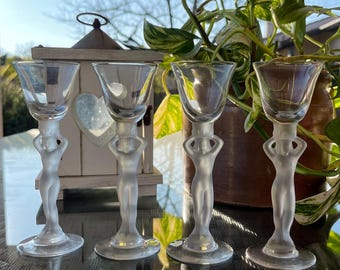 Four Handmade Vintage French Crystal Bacchante Venus, Bayel Royales Liqueurs Glasses. French Frosted Stem Elegant Mid-Century Glassware.