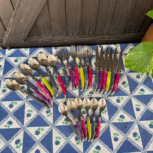 24 Vintage LAGUIOLE Besteck. Bunte Harz Griffe. Laguiole Steakmesser, Gabeln, Dessert, Teelöffel. Französisches Besteck.