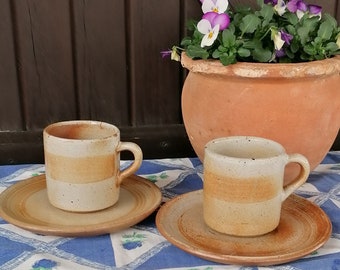 Two Vintage French Grès Du Marais Handmade Speckled Stoneware Espresso Cups and Saucers. Farmhouse Kitchen. Gift Idea