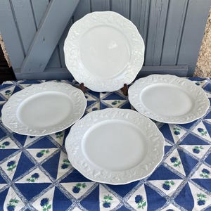Philippe Deshouliéres Limoges Dinner Plates: Embossed Fruit Design, Set of 4