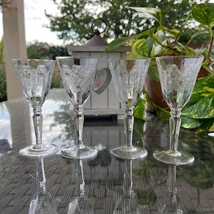 Four Etched Crystal Mid Century Vintage Liqueur, Shot Glasses. Barware. Drink ware. Pretty Glassware. Gift Idea.