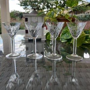 Four Etched Crystal Mid Century Vintage Liqueur, Shot Glasses. Barware. Drink ware. Pretty Glassware. Gift Idea.