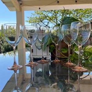 Six Large French Luminarc Pink Stem Wine Glasses. Elegant French Vintage Glasses. Special Anniversary, Birthday Gift.