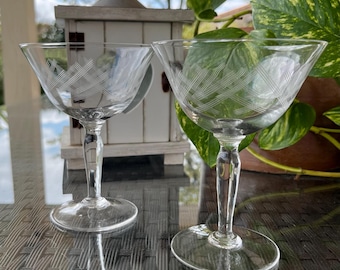 Vintage Etched Crystal Champagne Coupes - Mid Century Elegant Glassware