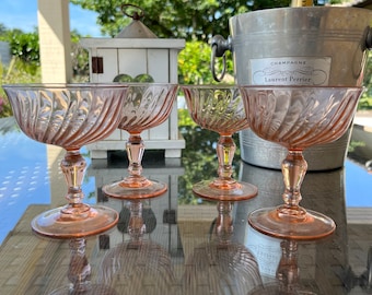 Vintage Rosaline Pink Champagne Coupes - French Swirl Glass - Set of 4