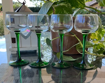 4 Vintage Alsace White Wine Glasses. Tall Emerald Green Stem Hock, Vin D’Alsace, Rhein Wein Glasses. 1980s Barware. French Glass ware.