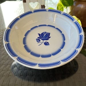 Badonviller Antique Large French Serving Bowl. White with Blue Flower Design Dish. Salad, Fruit Bowl. Kitchen and Dining.