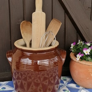 Stor vintage fransk stengodskonfiterad kruka: Brun glaserad lantlig inredning