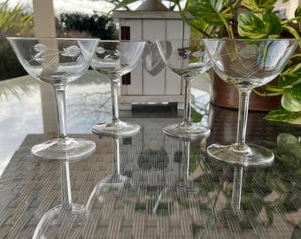 Etched Vintage Champagne Coupes: Mid-Century Cocktail Glasses, Set of 4
