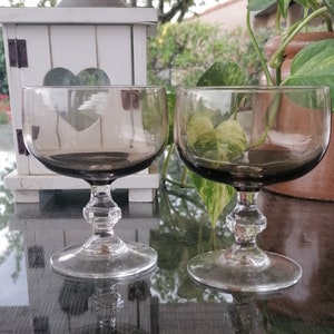 Two Vintage Smoky Brown Luminarc Champagne Coupes. French 1970s Colourful Glassware. Gift Idea.