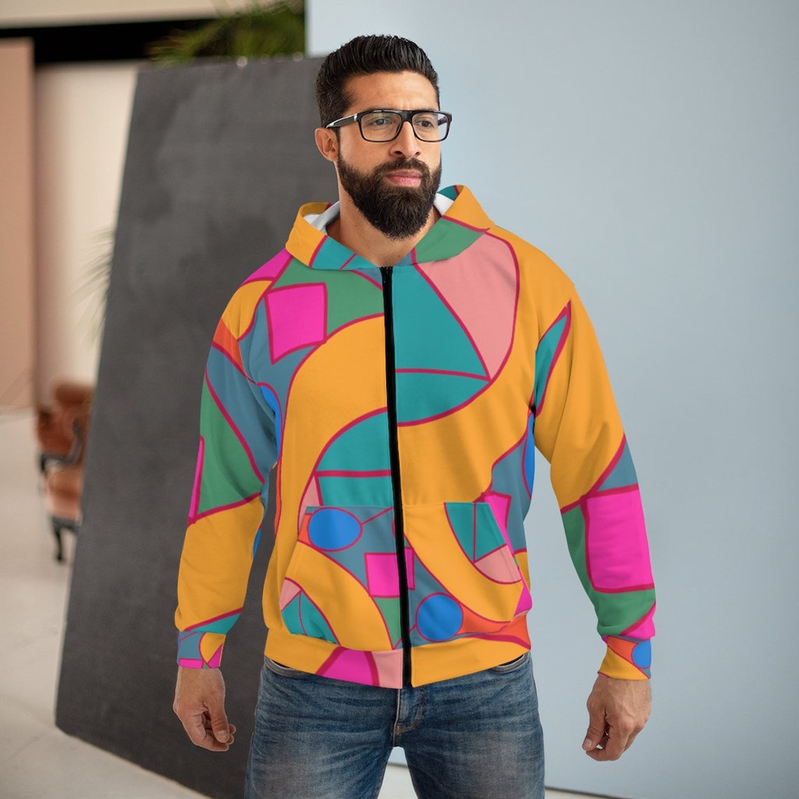 Geometric Hoodie Colorful Hoodie Unisex Zip Hoodie Boho Etsy