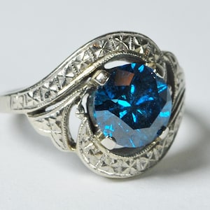 Antique Art Deco Blue Diamond Ring: 14k White Gold Engagement Ring