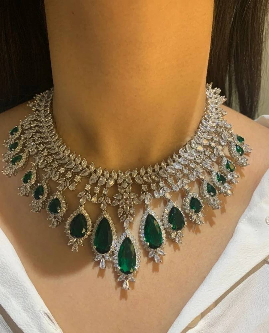 White Tone Lab Emerald Faux Diamond High Quality Necklace | Etsy