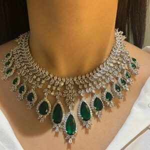 White Tone Lab Emerald Faux Diamond High Quality Necklace Set/cz ...