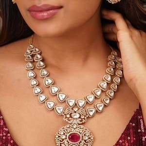 Fine Quality Tyaani Inspired Dull Gold Ruby Red Green kundan Zirconium Diamond Long Necklace With Statement Stud Earrings Punjabi Jewelry