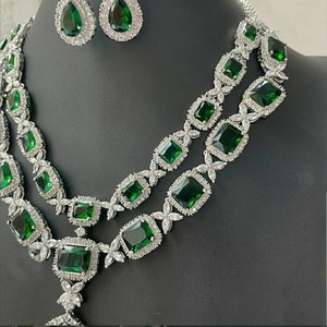 White Tone Emerald Cz Long Necklace Set/lab Emerald Diamond Set/diamond ...