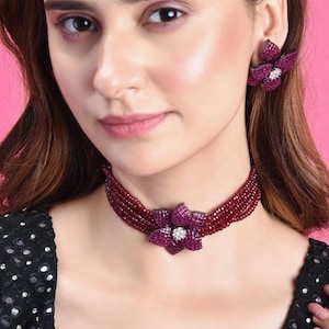 Premium Victorian Invisible Setting Layered Choker With Statement Flower Stud Earrings/Sabyasachi Inspired Jewelry Set/Red Choker Set/Ruby/