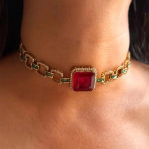 Modern Ruby Emerald Link Choker, Square Cut Red Stone, Contemporary Indian Pakistani Party Jewelry