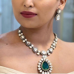 Victorian Lab Emerald Uncut Faux Polki Lab Diamond Necklace set/Sabyasachi Inspired Jewelry Set/Pakistani Jewelry/Punjabi Jewelry/Designer
