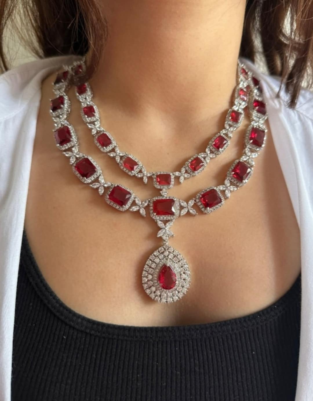 White Tone Ruby Red Maroon Cubic Zirconia Long Diamond Necklace Set