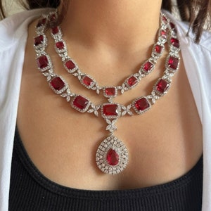 White Tone Ruby Red Maroon Cubic zirconia Long Diamond Necklace set/Sabyasachi Inspired Jewelry Set/Red Crystal Cz Set/American Diamond Set