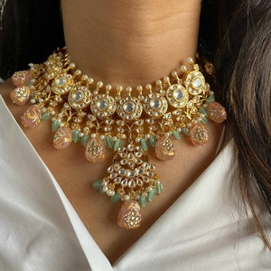 Royal Sabyasachi Wedding Necklace set/Pink and mint aqua Gold Plated Kundan set/FineAhmedabadi kundan wedding set/Elegant Bridal kundan set/