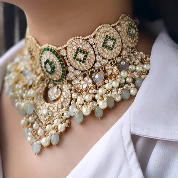 Conjunto de collar de gargantilla nupcial de perlas Paachi kundan de alta calidad/Conjunto de kundan nupcial Sabyasachi/Conjunto de boda de perlas polki sin cortar/Conjunto de boda Punjabi