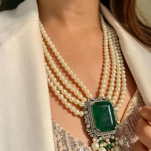 Premium Long Multilayered Victorian Emerald Green Pearl White Pendant Necklace Set With Stud Earrings Sabysachi Jewelry Indian Pakistani Set