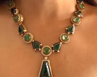 Collana Kundan vittoriana lunga in smeraldo verde Amrapali di alta qualità, pietra intagliata, collana indiana in moissanite, diamanti Polki, Bollywood OOAK