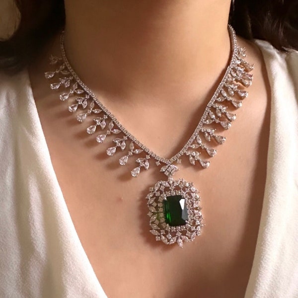 Emerald Cubic Zirconium Necklace CZ Necklace Crystal Necklace Statement Jewelry Statement Necklace Indian Punjabi Pakistani StatemenNecklace