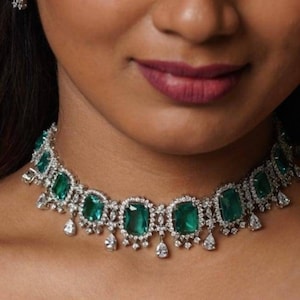 Fine Quality Emerald Diamond Choker Necklace Set with Stud Earrings/Green Crystal Choker Set/Emerald Cubic Zirconium Necklace/Pakistani Set/
