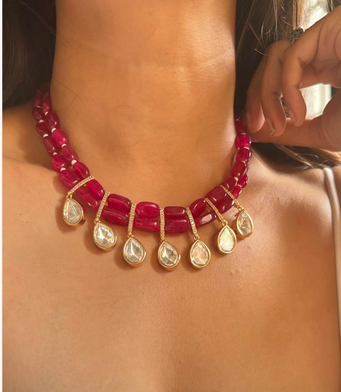 Elegant Ruby Red Pink Sabysachi Inspired Gold Two Layered Beaded Uncut Moissanite  Faux Polki Kundan Necklace With Earrings Pakistani Set