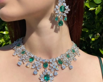 Teal CZ Diamond Statement Jewelry Set: Long Dangle Earrings
