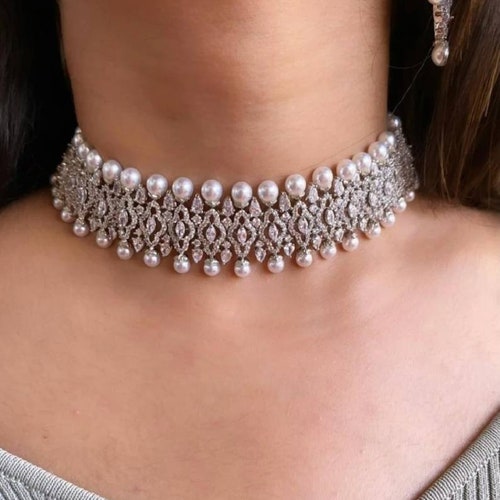 Pearl and Cz White Gold Plated Choker/cz Diamond - Etsy