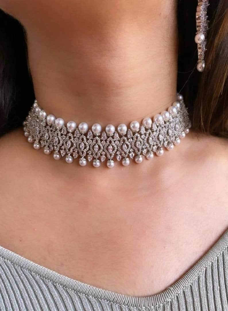 Pearl and CZ White Gold Plated Choker Necklace