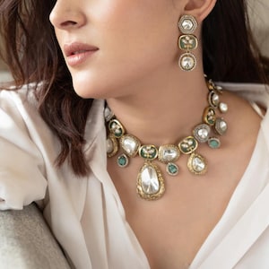 Victorian Sabyasachi inspired Light Blue Turquoise Mint Moissanite polki Kundan Necklace,Indian Bridal Jewelry,Bollywood Designer Statement
