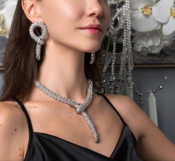 Buy Silver Tone Hollywood Inspired Cz Diamond Snake Necklace Set snake Necklace Set serpent Necklace diamond Necklace statement Jewelry Set ooak Online in India Etsy