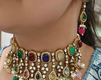 Navratan Necklace Sabyasachi Jewelry Polki Choker Jadau Kundan Jewelry Victorian Polki Gold Necklace Indian Jewelry Moissanite Polki Set
