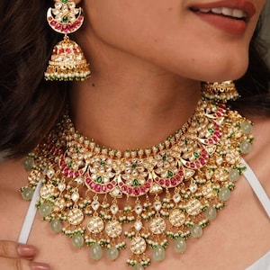 Most Premium Quality Sabyasachi Inspired Heavy Uncut Polki Kundan Ruby Emerald Pearl Grand Bridal Necklace With Jhumka Earrings/Wedding Set/