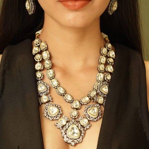 Premium Quality Multi Layered Uncut Faux Polki Diamond Necklace Set/Sabyasachi Inspired Jewelry Set/Victorian Jewelry Set/Antique Necklace/