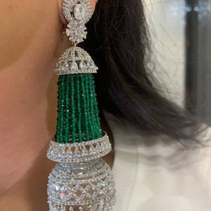 Green/Pink Cubic Zirconium Long Victorian Style Jhumkas/Indian Diamond Jhumkas/Pakistani Jhumkas/Long Green Earrings/AD Jhumka Earrings/OOAK