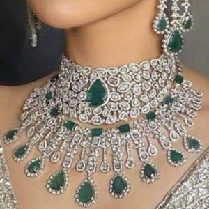 High Quality White Gold Plated Emerald Green Diamond Complete Bridal Set With Maangtikka/Indian Pakistani Diamond Wedding Set/Heavy Diamond