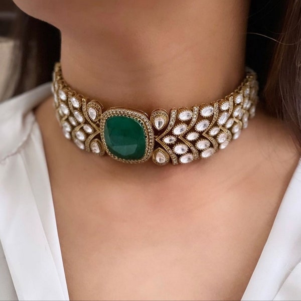Emerald Gold Sabyasachi Victorian Choker Indian Jewelry Sabyasachi Necklace Emerald Indian Choker Punjabi Necklace Bollywood Jewelry Doublet