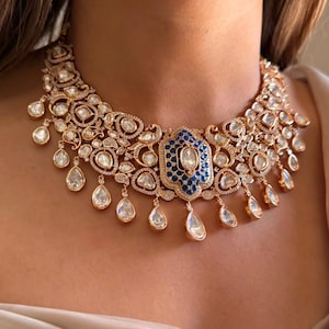 Premium Tyaani Gold Jewelry Inspired Victorian Sapphire Blue Uncut Moissanite Polki Necklace With Long Chandbali Earrings Jadau Diamond Set