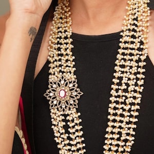 Sabyasachi Inspired Long Multi Layerd Pearl Ruby Kundan Victorian Necklace With Stud Earrings Indian Pakistani Punjabi Jewelry Statement Set