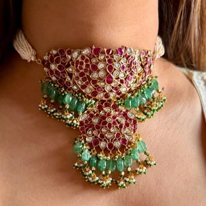 Ruby Red Kundan Choker Necklace Set with Emerald Drops, Indian Pakistani Bridal Jewelry