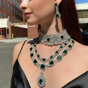 White Tone Emerald Cz Long Necklace Set/Lab Emerald Diamond Set/Diamond Necklace/Statement Jewelry/Sabyasachi Jewelry/Faux Diamond Set/OOAK