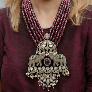 Royal Sabyasachi Inspired Multi Layered Ruby Red Emerald Green Beaded Victorian Pendant Necklace Set With Jhumka Earrings Pakistani Indian