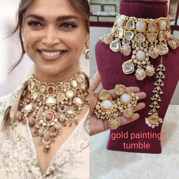High Quality Gold Plated Sabyasachi Inspired Uncut Kundan Bridal Set with Maangtikka/Pastel Color wedding Set/Indian Bridal Set/Punjabi Set/